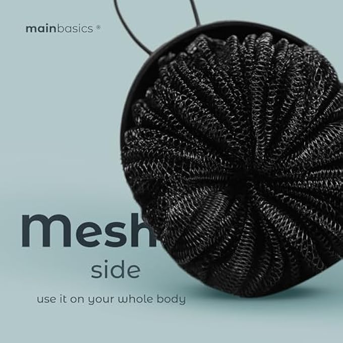MainBasics Shower Tool Duo 2-1 Shower Loofah Sponge and Exfoliating Body Scrubber (2 Pack, Black) - Image 3